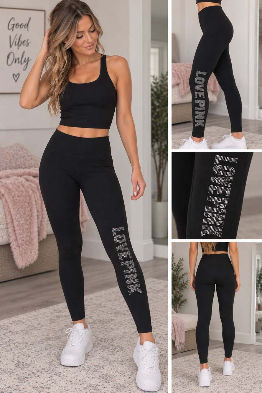 Victoria's Secret PINK Bling Leggings Size M Black Rhinestone
